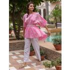 Pink Tie and Dye Cotton High Low Kaftan with Embroidered Belt and White Pants- Set of 2