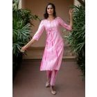 Pink Tie and Dye Cotton Mirror Work Kurta with Pants- Set of 2