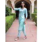 Sea Green Tie and Dye Cotton Mirror Work Kurta with Pants- Set of 2