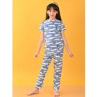 Blue Printed Cotton Blend Nightwear- Set of 2