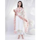 Off White Pink Printed Cotton High Low Kurta with Lycra Pants and Chanderi Dupatta- Set of 3