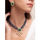 Blue Handcrafted Brass Necklace with Earrings- Set of 2
