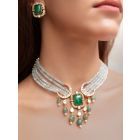 Green Handcrafted Brass Necklace with Earrings- Set of 2