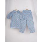 Sky Blue Printed Cotton Kurta with Pants - Set of 2