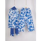 White Blue Printed Cotton Suit - Set of 3
