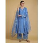 Blue Lace Work Bemberg Silk Kurta with Pants- Set of 2