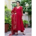 Maroon Hand Block Printed Mulmul Suit- Set of 3