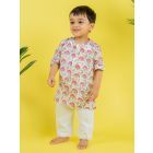 White Pink Hand Block Printed Muslin Kurta with Pajama - Set of 2