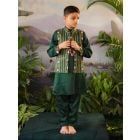 Green Printed Satin Silk Kurta with Jacket and Pants - Set of 3