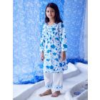 Blue White Printed Cotton Modal Kurta with Pants - Set of 2
