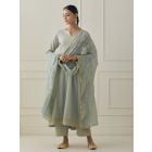 Sage Green Pittan Hand Embroidered Linen Blend Suit- Set of 3