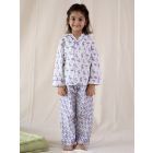 White Purple Hand Block Printed Cotton Night Suit- Set of 2