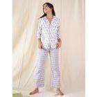 White Purple Hand Block Printed Cotton Night Suit- Set of 2