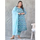 Blue Printed Cotton Suit - Set of 3