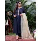 Blue Lace Work Cotton Lurex Suit - Set of 3