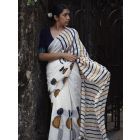 White Blue Hand Block Printed Cotton Saree