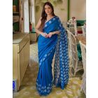 Blue Hand Block Printed Cotton Saree