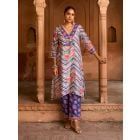 Blue Printed Chanderi Kurta with Pants- Set of 2