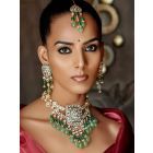 Gold Toned Green Handcrafted Brass Necklace with Earrings- Set of 2