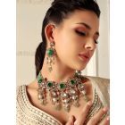 Gold Toned Green Handcrafted Brass Necklace with Earrings and Maangtika- Set of 3