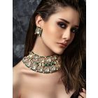 Gold Toned Green Handcrafted Brass Choker with Earrings - Set of 2