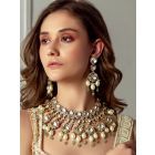 Gold Toned Handcrafted Brass Necklace with Earrings and Maangtika- Set of 3