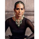 Gold Toned Green Handcrafted Brass Necklace with Earrings and Maangtika- Set of 3