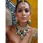 Gold Toned Green Handcrafted Brass Necklace with Earrings and Maangtika- Set of 3