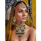 Gold Toned Green Handcrafted Brass Necklace with Earrings and Maangtika- Set of 3