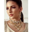 Gold Toned Handcrafted Brass Necklace with Earrings and Maangtika- Set of 3