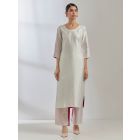 White Pink Sequins Work Silk Blend Kurta with Pants- Set of 2