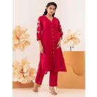 Red Embroidered Cotton Kurta with Pants - Set of 2
