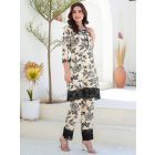 White Black Printed Cotton Blend Kurta with Pants - Set of 2