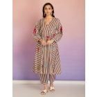 Brown White Striped Cotton Patch Work Kurta with Pants - Set of 2