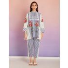 Blue White Stripes Cotton Patch Work Co-ord Set - Set of 2