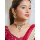 Gold Plated White Handcrafted Brass Choker with Earrings - Set of 2