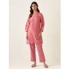 Pink Kantha Work Handwoven Chanderi Kurta with Slip and Pants- Set of 2
