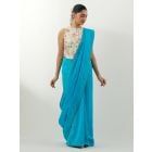 Blue Chanderi Saree with Printed Blouse- Set of 2