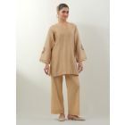 Beige Hand Embroidered Chanderi Kurta with Pants- Set of 2