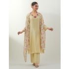 Light Yellow Hand Embroidered Chanderi Suit- Set of 3