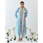 Blue Printed Cotton Linen Suit - Set of 3