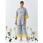 Blue Printed Cotton Linen Co-ord Set - Set of 2