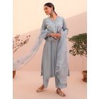 Blue Resham Embroidered Tissue Chanderi Suit - Set of 3