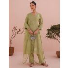 Green Resham Embroidered Tissue Chanderi Suit - Set of 3