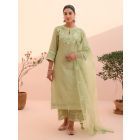 Green Resham Embroidered Tissue Chanderi Suit - Set of 3