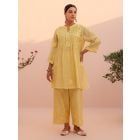 Lemon Yellow Embroidered Chanderi Mul Kurta with Slip and Pants - Set of 2