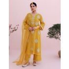 Mustard Yellow Dori Embroidered Tissue Chanderi Suit - Set of 3