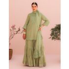 Green Embroidered Tissue Chanderi Sharara Suit - Set of 3