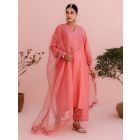 Coral Embroidered Chanderi Silk Suit - Set of 3