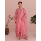 Pink Embroidered Chanderi Silk Suit - Set of 3